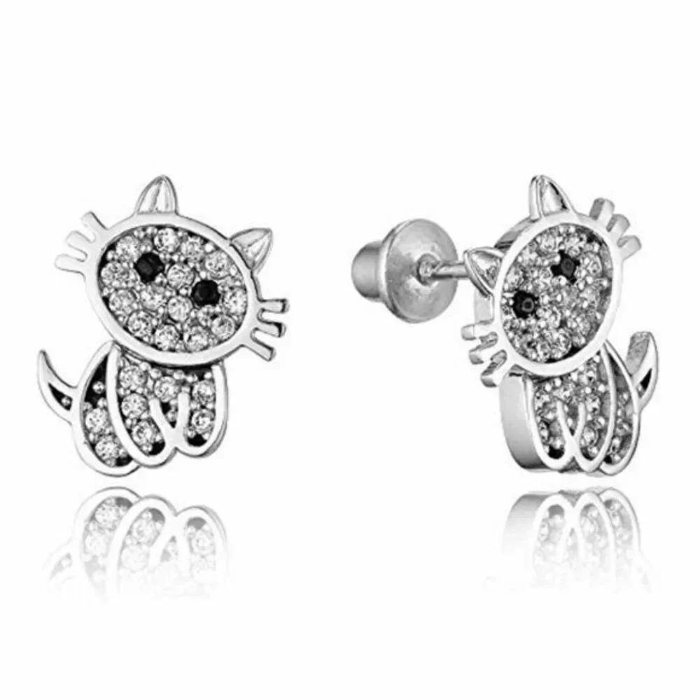 14k gold plated Cat CZ Silver Girls Earrings.